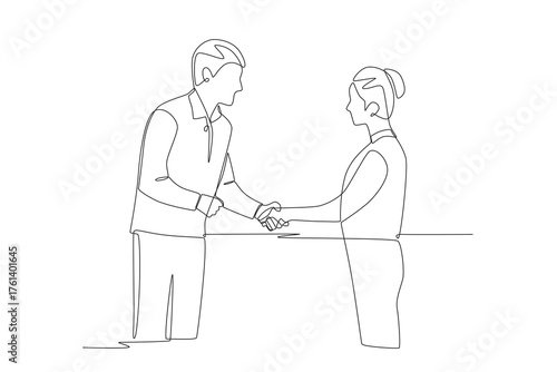 Office staff shake hands with regular customers. Greeting familiar customers concept one-line drawing