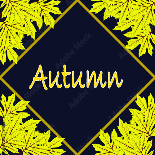 A dark blue background with "Autumn" text, framed by a yellow rhombus border and bright neon yellow maple leaves in the corners.