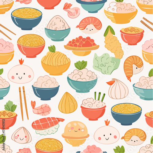 Seamless pattern featuring various cartoon-style Asian food dishes like rice bowls, noodles, sushi, shrimp, dumplings, and other delicacies on a white background.