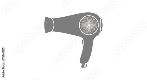 A gray hair dryer with circular grill handle and nozzle on a white background