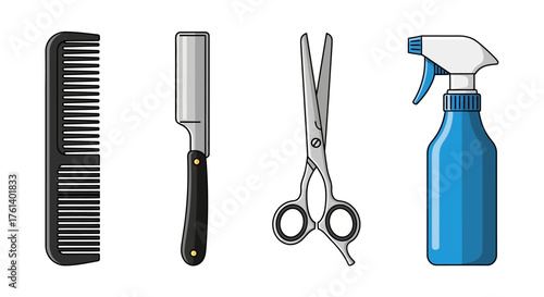 Comb straight razor scissors and spray bottle are aligned against a white backdrop