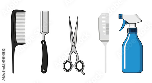 Array of barber tools comb straight razor scissors tint brush spray bottle
