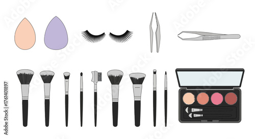 Makeup items sponges lashes tweezers brushes  a palette with shadows and applicators