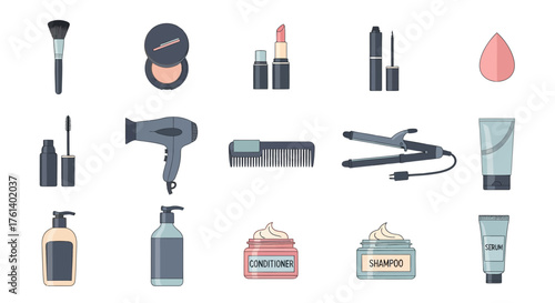 Assorted cosmetics and hair care items on a white background