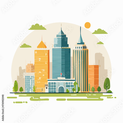 Stylized cityscape illustration featuring tall buildings, green spaces, and a bright sun against a neutral background.