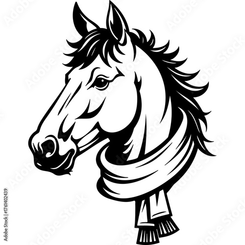 Portrait of stallion dressed in warm scarf, winter clothes. Engraving minimalistic vector in black ink drawing on transparent background