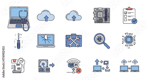 Computer repair and it support services icons technology maintenance set