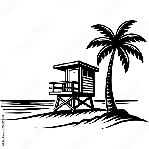 Sketchy emblem of Lifeguard Tower on the Ocean Shore. Engraving minimalistic vector in black ink drawing on transparent background