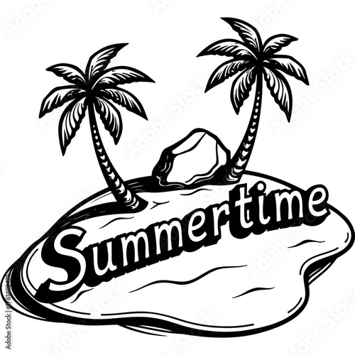 Sketchy emblem of Summertime sign on desert island. Engraving minimalistic vector in black ink drawing on transparent background