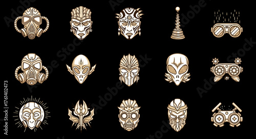 Collection of fantasy masks and goggles steampunk style vector design