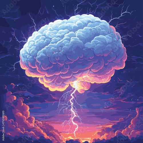 A massive storm cloud shaped like a brain with lightning striking it, against a vibrant sky.   , vector style simple color