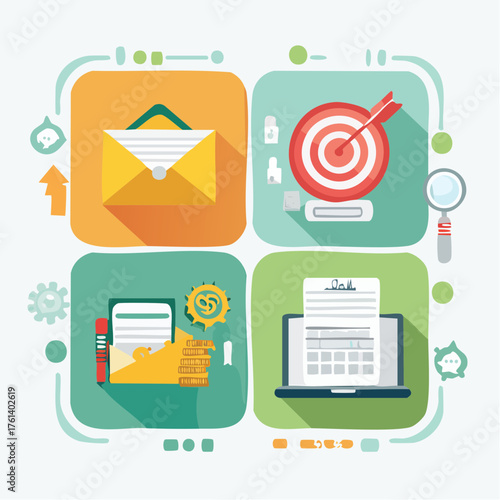 Business & Marketing Icons — Email, Target, Search, Contract (Long-Shadow Grid