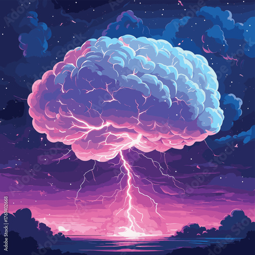 A massive storm cloud shaped like a brain with lightning striking it, against a vibrant sky.   , vector style simple color