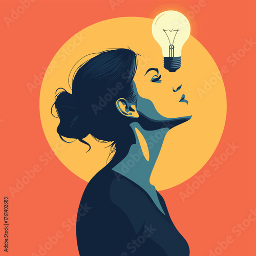 A pensive woman in profile with a luminous lightbulb over her head, representing creativity and innovation.   , vector style simple color