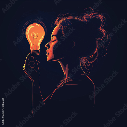 A pensive woman in profile with a luminous lightbulb over her head, representing creativity and innovation.   , vector style simple color