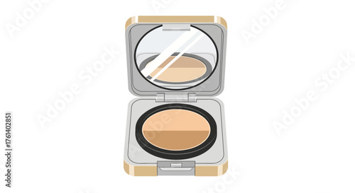 Open square compact with mirror light grey case tan trim twotoned powder inside