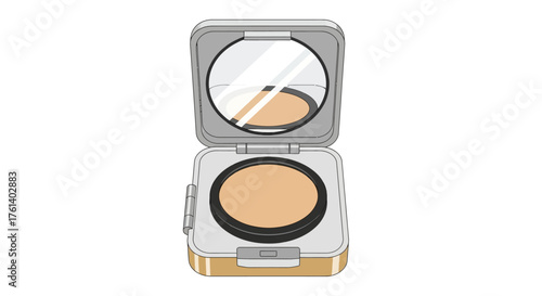 Open makeup compact with round mirror showing reflection contains lightcolored face powder