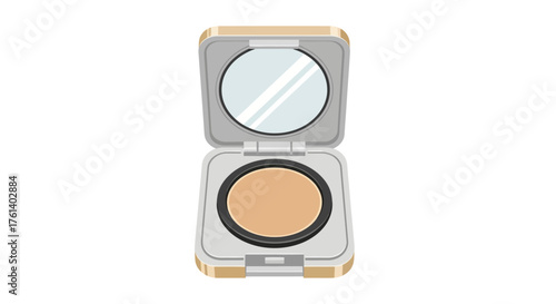 Open compact with beige powder and mirror on a white background