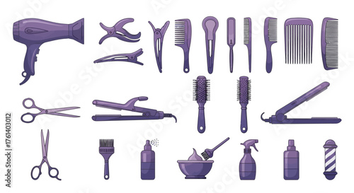 An array of purple barber supplies blowdryer clips combs scissors brushes hair products and a striped pole