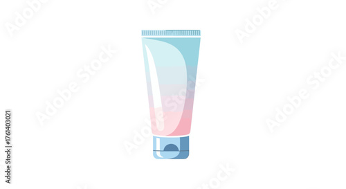 A tube of cream fading from blue to pink stands upright with a blue cap and lid