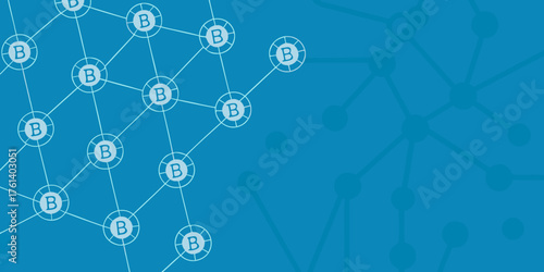 Abstract interconnected network of bitcoin cryptocurrency symbols on a blue background