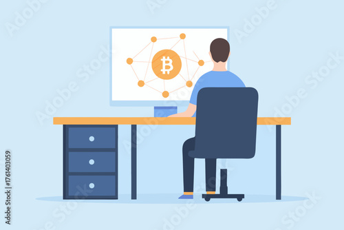 Man sitting at desk working on computer displaying bitcoin network and cryptocurrency concept