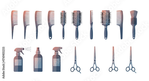 Hairdressing equipment combs brushes scissors and spray bottles arranged in rows against a white backdrop