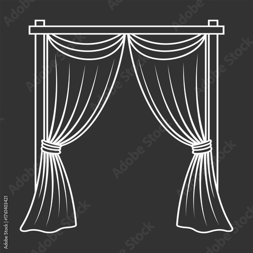 Elegant white line art illustration of curtains with swag and tiebacks on a dark background ideal for designs