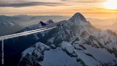 White passenger airplane Boeing 747 flying moving forward above the snowy mountain in sunset time. Side view angle. Modern passenger jet airplane.