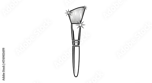 A blackandwhite line drawing of a makeup brush with sparkling star shapes around the brush head