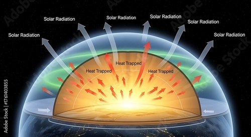 Earths Greenhouse Effect - Solar Radiation and Heat Trapping Illustration.