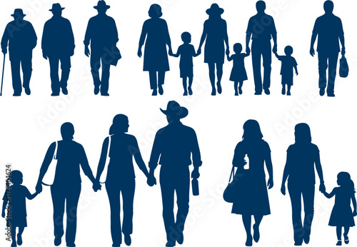 Diverse family groups silhouetted in blue against white representing unity and connection silhouette