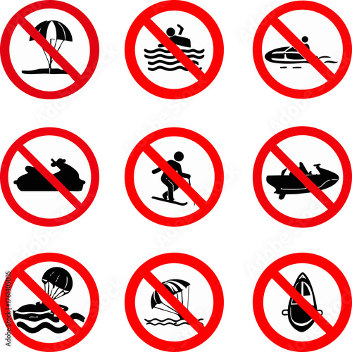 Essential safety signs prohibiting icon set vector collection water sport beach activities public awareness