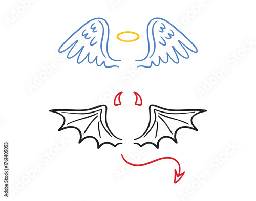angel and demon wings doodle hand drawn icon set. Outline drawing line clipart symbol collection. good and evil concept