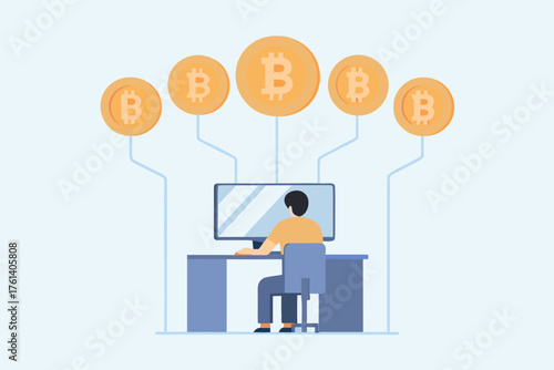 Person working on a computer connected to multiple bitcoin cryptocurrency coins symbolizing digital finance