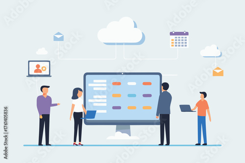 Diverse team collaborating on cloud technology and digital data management with computers and screens