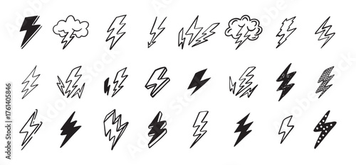 Doodle set lightning line art. Hand drawn lightning icons