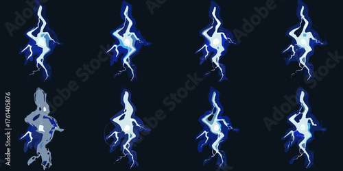 Collection of stylized blue lightning bolt effects and animations on dark background