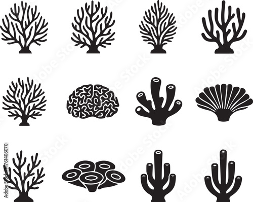 Collection of black coral and shell icons Keywords: coral, sea, ocean, marine, underwater