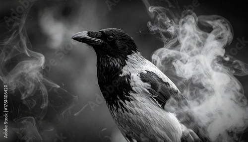 Black and White Raven with Smoke Abstract Portrait