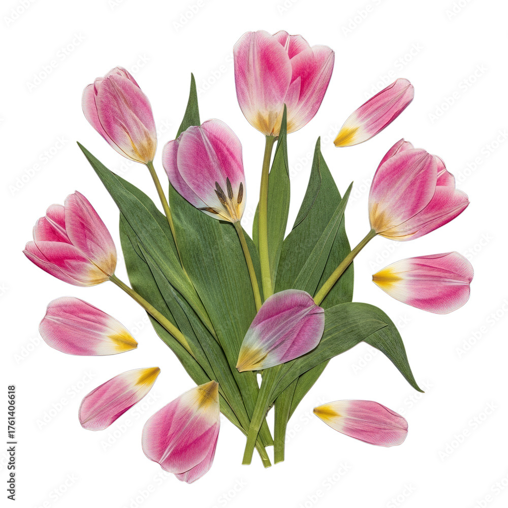 Naklejka premium Pink Tulips with Scattered Petals isolated on a transparent background