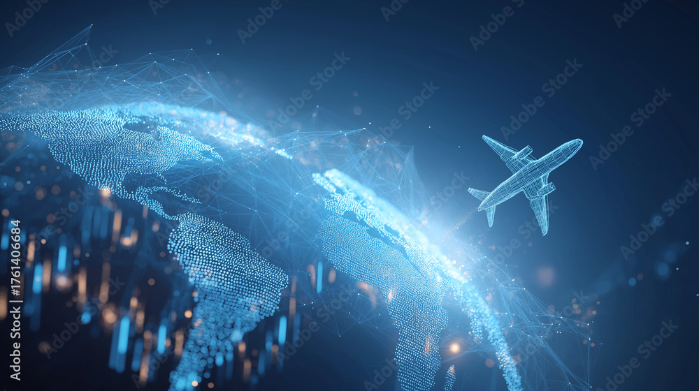 Obraz premium Futuristic digital illustration airplane fly above Earth glowing blue neon line form rise graph planet surface.