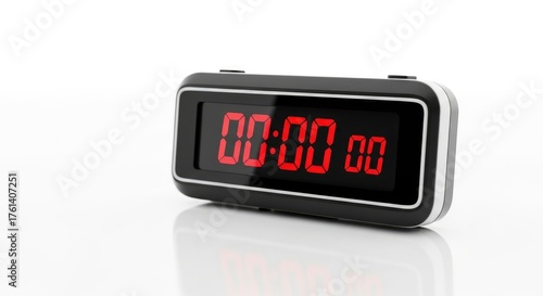 Modern black digital timer displaying 00:00:00 on a clean white surface with reflection.