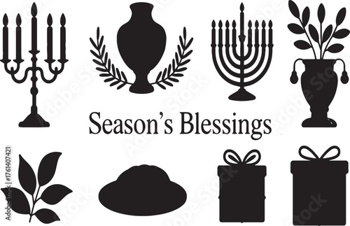Holiday icons season's blessings set festive decorations candlestick menorah gifts vases and branches vector