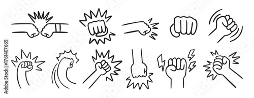  fist and fight related doodle hand drawn icon set. Outline drawing fist and fight related line clipart symbol collection