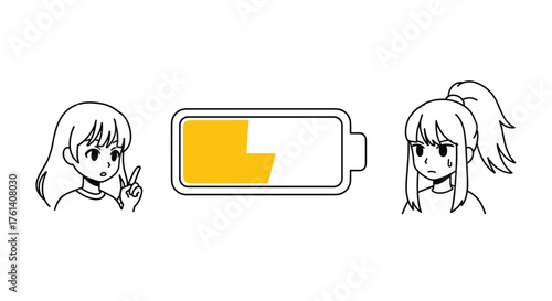 Battery levels dwindling two anime girls facing battery icon expressing worry