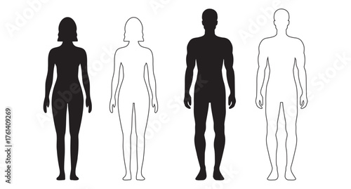 human body man and woman silhouette, male and female figure. vector monochrome isolated person outline standing full height. Outline and black people anatomy representation