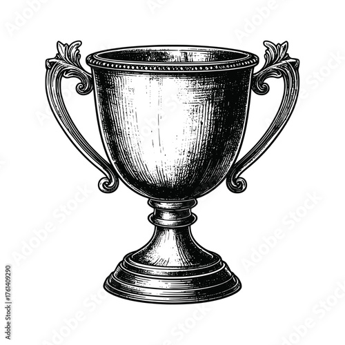 Vintage trophy cup detailed sketch showing intricate handles, classic design, and elegant shading, perfect for achievement or award-themed projects.