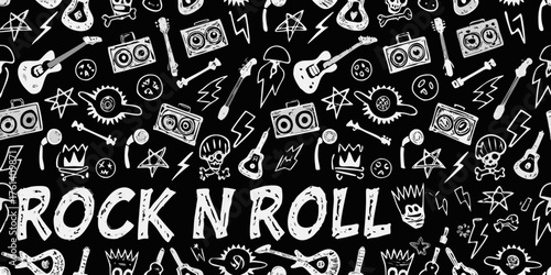 Hand drawn rock and roll music elements and text on black background seamless pattern