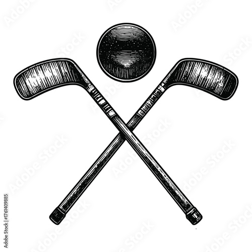 Vintage crossed hockey sticks design, classic puck, bold black lines, perfect for sports logos, team branding, or retro merchandise artwork.